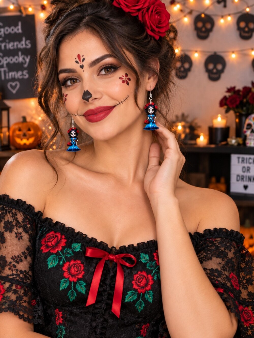 Day of the Dead Sugar Skull Girl Dangle Earrings NIP